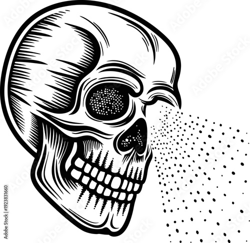 detailed black and white skull illustration with dotted pattern radiating from the eye socket in a retro