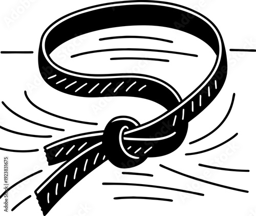 leather belt tied in a knot with loose ends, simple black and white illustration of fashion accessory