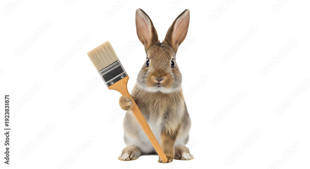 Fototapeta premium A cute rabbit holding a paintbrush on transparent background