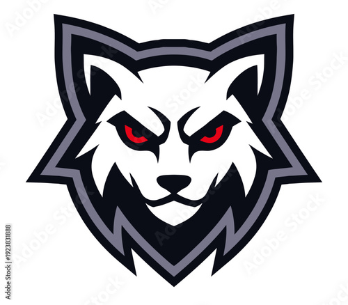 Wolf head mascot logo, white wolf with red eyes, black and grey outline