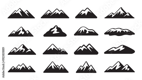 A variety of illustrated mountain peaks and ranges, perfect for representing adventure, nature, and outdoor activities.