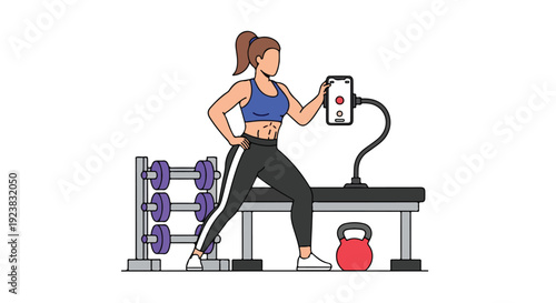 A woman in athletic wear holds a phone with a camera attachment while standing on a gym bench next to dumbbells and a kettlebell.