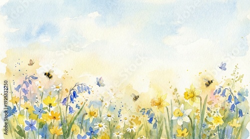 Watercolor Spring Meadow with Wildflowers and Bees