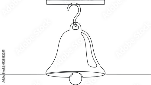 Bell hanging from hook on horizontal bar simple line drawing symbol for notification or alert