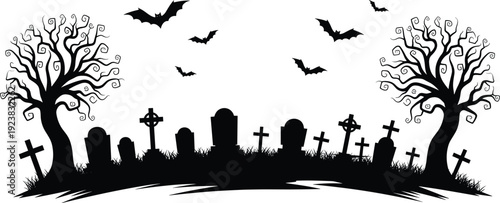WebSpooky Halloween graveyard silhouette with haunted trees, gravestones, crosses, and flying bats set on white background cad drawing flat vector illustration.