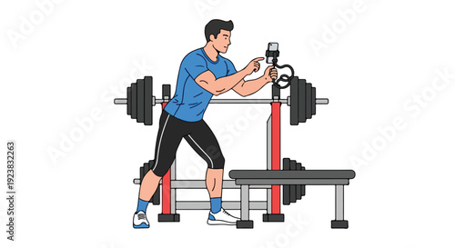 A man in athletic wear filming himself lifting weights on a bench press with a phone mounted on a tripod in a gym setting with a modern aesthetic.