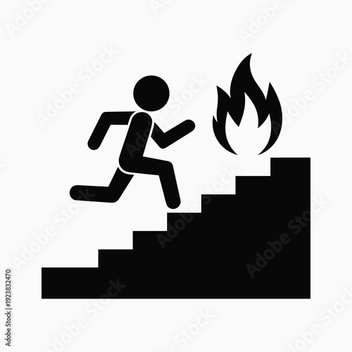 Black stick figure running up stairs from fire vector illustration isolated on white background