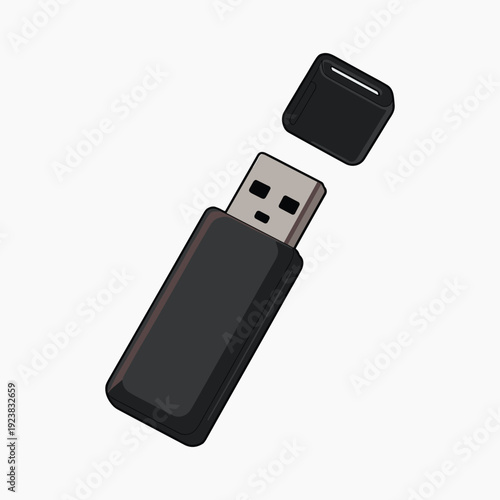 Black usb flash drive with cap removed removable technology concept vector illustration isolated on white background