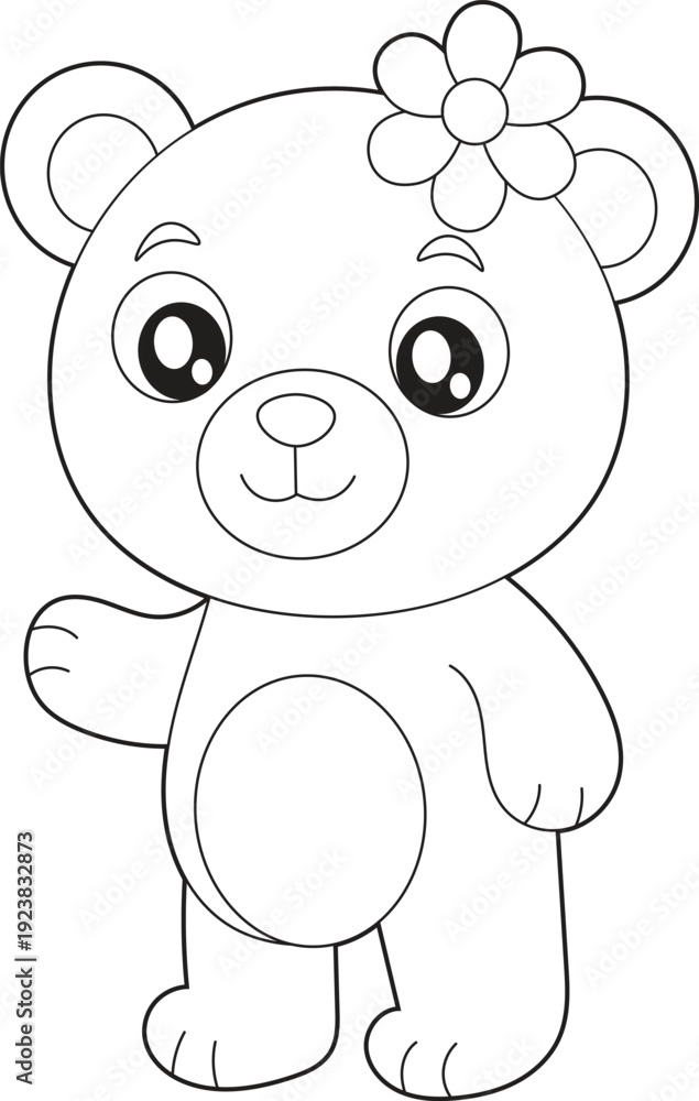 Obraz premium Cute Teddy Bear with Flower Headband Coloring Page for Kids. Fun and Printable Activity Sheet for Girls.