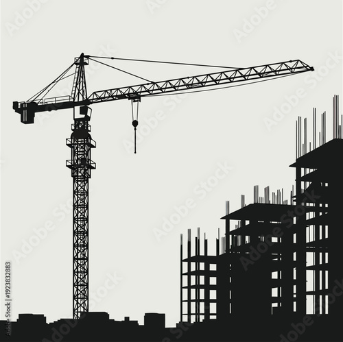 Tower Crane Silhouette with Urban Buildings Under Construction in Black and White