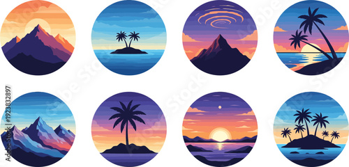 Eight oval frames with various tropical island landscapes at sunset