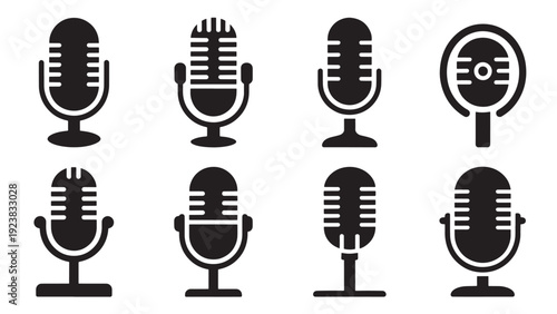 A compilation of diverse microphone icons, suitable for representing music, podcasting, broadcasting, or recording.