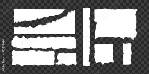 Torn Paper Texture: Abstract composition of white paper fragments against a checkered backdrop, featuring varying shapes and edges.