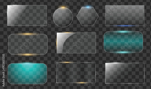 Translucent Forms: A set of ten transparent geometric shapes and frames, each radiating a subtle light and shadow, demonstrating the versatility of glass and its use in design.