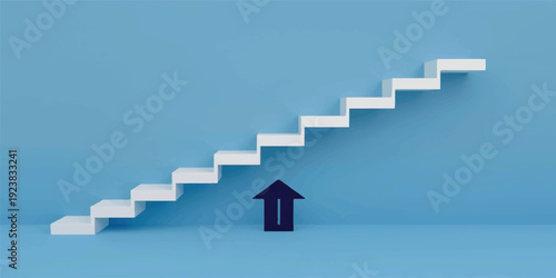 A 3d illustration of a business growth chart designed as a stairway to the sky where each step represents financial progress and a rising arrow leads toward future market success and profit