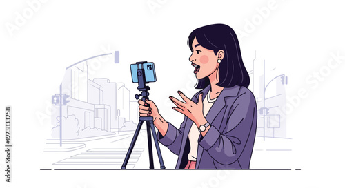 A young woman setting up a smartphone on a tripod for filming or vlogging in an urban environment with a cityscape background.