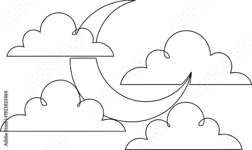 Minimalist illustration of crescent moon phases amidst fluffy white clouds in a serene sky