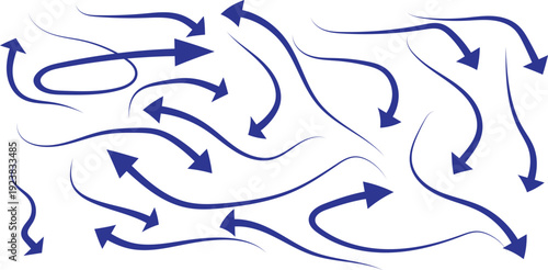 A complex pattern of blue arrows on a white background