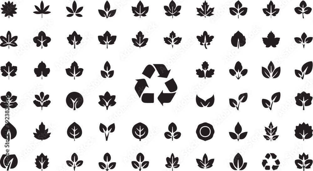 Fototapeta premium Collection of various leaf silhouettes and recycling symbols for eco-friendly and sustainable design concepts