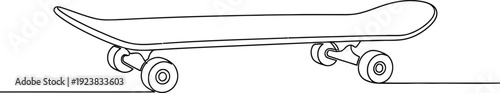 Continuous line drawing of a skateboard on a white background with wheels and trucks