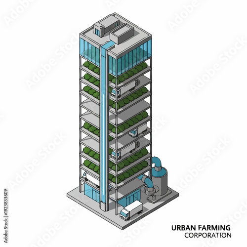 Vertical farm building with multiple levels of greenery and urban agriculture infrastructure.