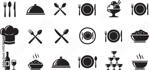 Collection of culinary icons including dinnerware, utensils, desserts, and chef hats in various simple black designs on white background for restaurant or menu designs.