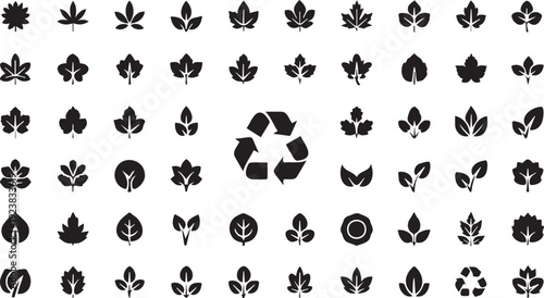 Collection of various leaf silhouettes and recycling symbols for eco-friendly and sustainable design concepts
