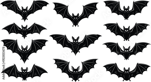 Black silhouette collection of various flying bats with wings spread isolated on white background cad drawing flat vector illustration, Halloween.