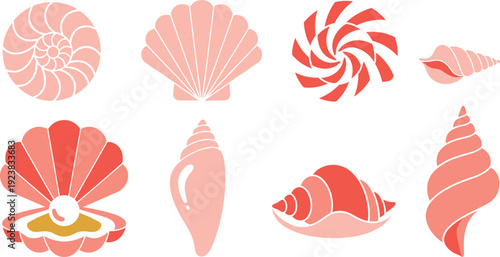 Coral pink sea shell icon set. Spiral, scallop and conch flat shapes collection. Minimal marine illustration isolated on transparent background.