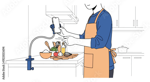 A person in a blue shirt and orange apron using a smartphone while standing in a kitchen with a bowl of vegetables on the counter, filming a vlogging video.
