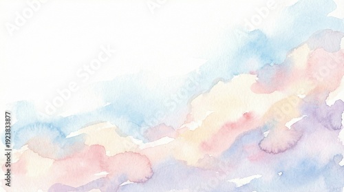 Abstract watercolor background with soft pastel blue, pink, purple, and yellow washes on white paper