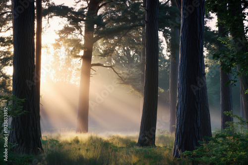 Morning in the forest. Sun rays through the branches of trees.