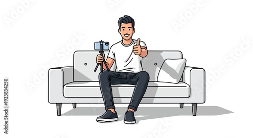 A young man sits on a gray couch, holding a smartphone and giving a thumbs up while vlogging with a filming setup, conveying a lifestyle of social media influencing.