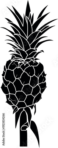 Black silhouette of pineapple fruit isolated on white background