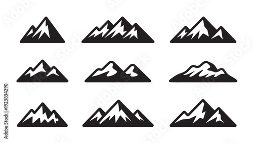 A set of stylized black mountain range icons, perfect for representing adventure, nature, or outdoor themes.