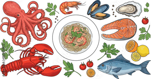 Seafood platter illustration set. Octopus, lobster, shrimp, fish and oysters with pasta plate. Detailed marine food composition isolated on transparent background.