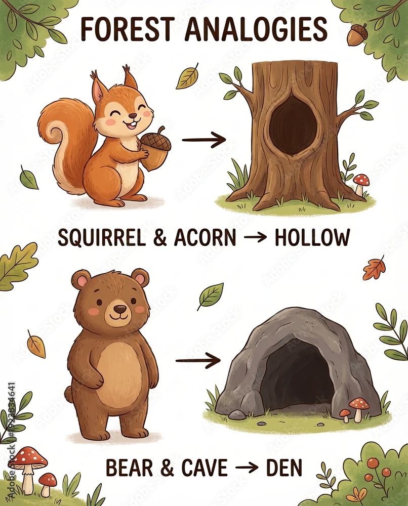 Fototapeta premium authentic human lifestyle concept Forest Analogies: Educational Chart for Kids with Cute Cartoon Squirrel and Bear Illustrations modern commercial stock usage