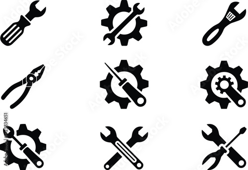 Mechanical repair tools icon collection with wrench, pliers, screwdriver and gear silhouettes for maintenance engineering industrial service design