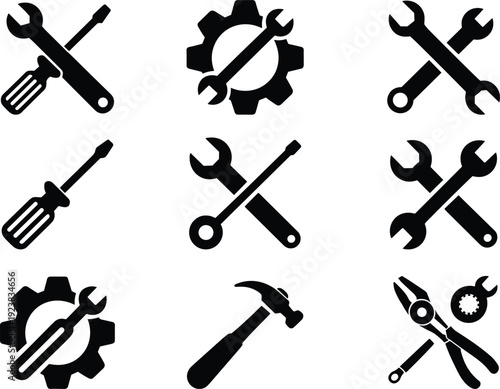 Mechanical tools silhouette icon set featuring wrench screwdriver hammer gear pliers repair maintenance workshop vector collection