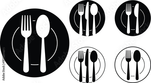 Minimalist restaurant tableware icon set featuring plate fork spoon knife silhouettes modern dining symbol collection isolated vector style