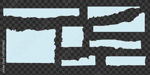 Torn Paper Textures: A set of ripped paper pieces, each with unique edges and textures, isolated on a transparent background, perfect for adding a touch of grunge and visual interest to design. 