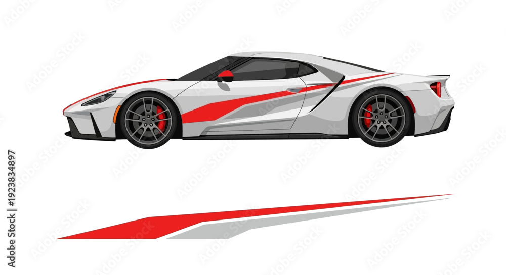 Fototapeta premium White high‑performance sports car with red and gray racing graphics.