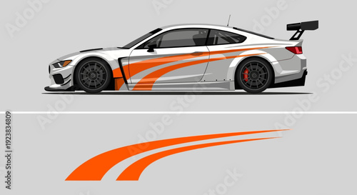 Sleek white racecar with orange stripe racing livery on the track, showcasing speed and performance.