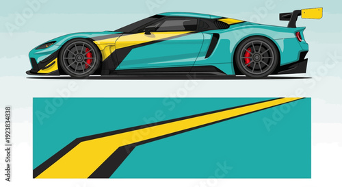 Colorful blue and yellow sports car racing on a stylized track illustration.