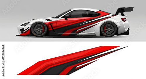 Red and black racing sports car with dynamic decal design in a sleek contemporary style.
