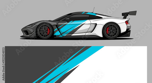 Sleek race car with blue and white livery on a race track.