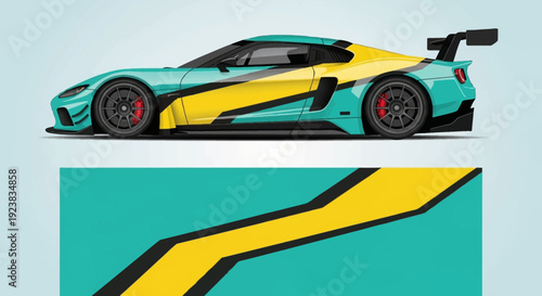 Vibrant teal and yellow sports car with bold aerodynamic lines.