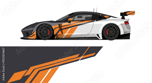Dynamic orange and white race car silhouette with bold graphics and sleek design.
