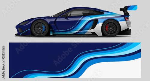 Blue race car with dynamic swoosh graphics and panel design.