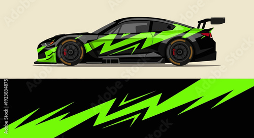 Sleek green and black race car silhouette on light background, high speed sports automobile illustration.